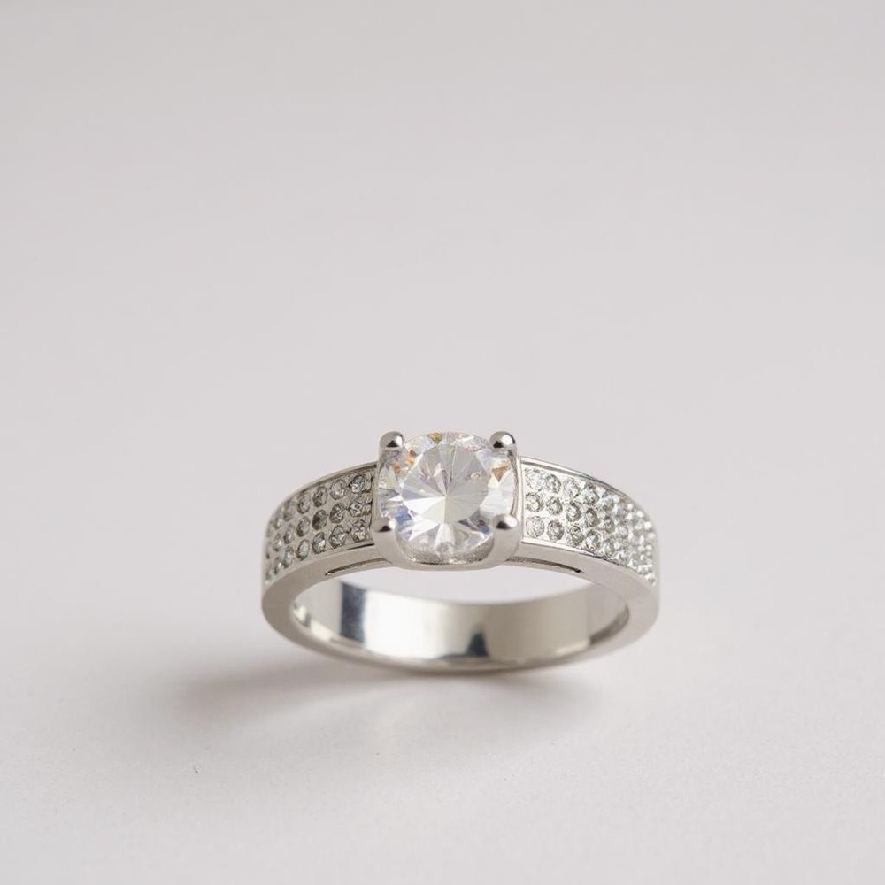 Sterling Silver Crystal Solitaire Ring with Pavé Band